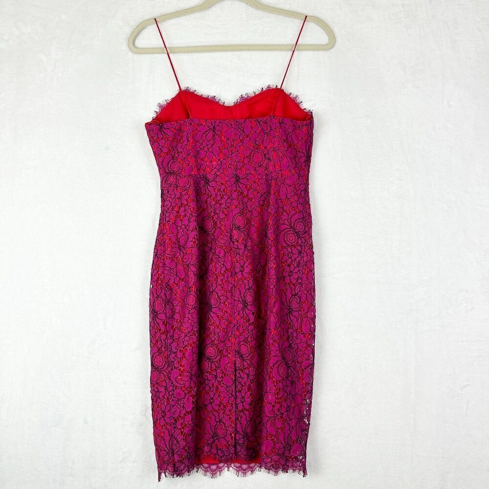 Likely Lace Crochet Overlay Mini Dress Size 4 Pink Red Spaghetti Strap Cocktail - Picture 2 of 8